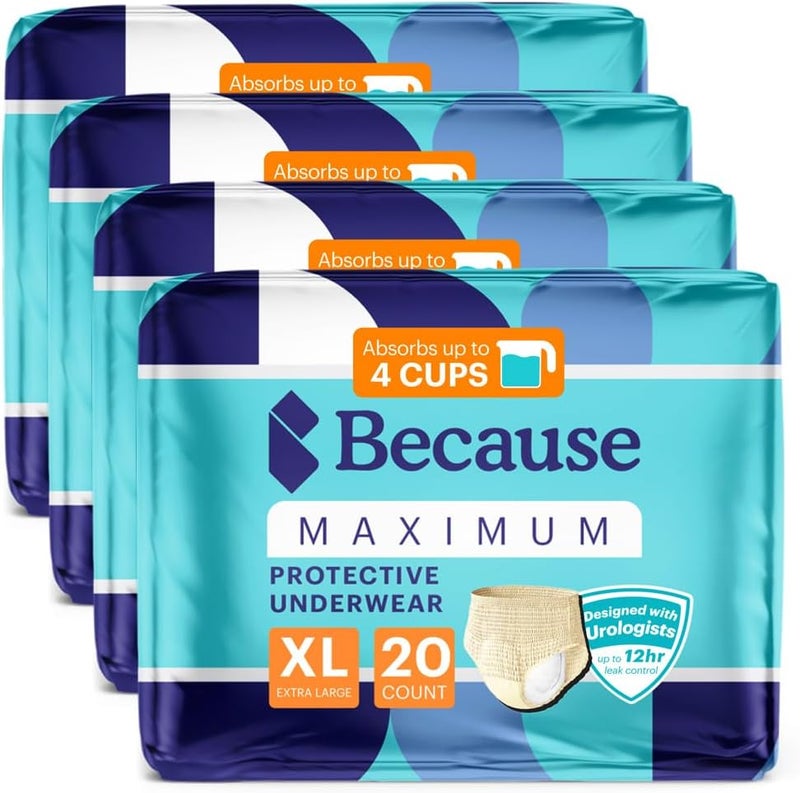 because Premium Maximum Plus Adult Incontinence and Postpartum Bladder Leak Underwear for Women, Maximum Absorbency, Disposable, Beige, XLarge, 80 Count (4 Packs of 20) - Image 2